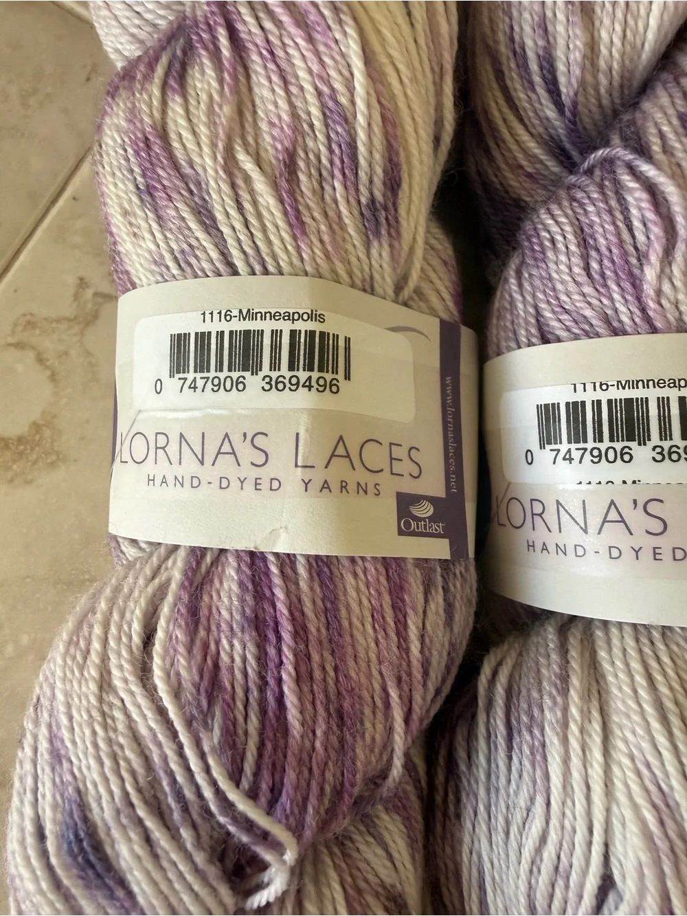 Lorna's Laces Hand-Dyed Yarn — Purple and Cream Speckled Skeins - Minneapolis